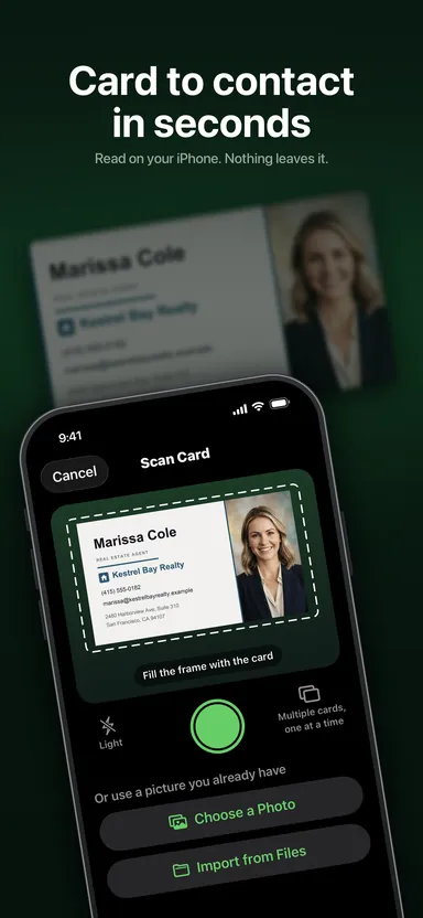 Scanning a business card in CardLens: the card framed in the camera, with Choose a Photo and Import from Files below