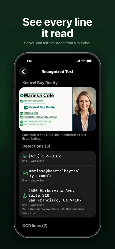 The Recognized Text screen: every line CardLens read, numbered and drawn over the card