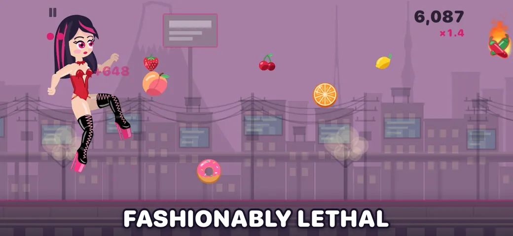Heelstorm gameplay: a kick sends fruit flying toward the city skyline