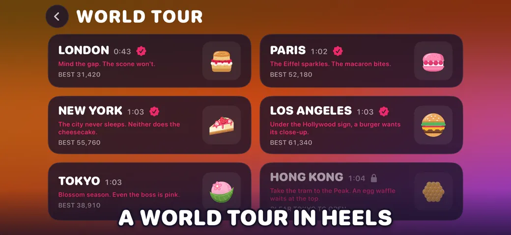 The World Tour screen: London, Paris, New York, Los Angeles, Tokyo and Hong Kong