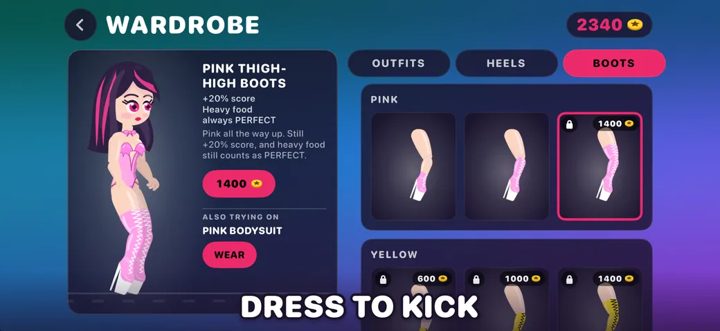 The Heelstorm wardrobe, with pink thigh-high boots on