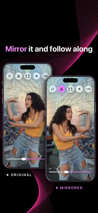 A dance tutorial playing mirrored in MoveLens, beside the original