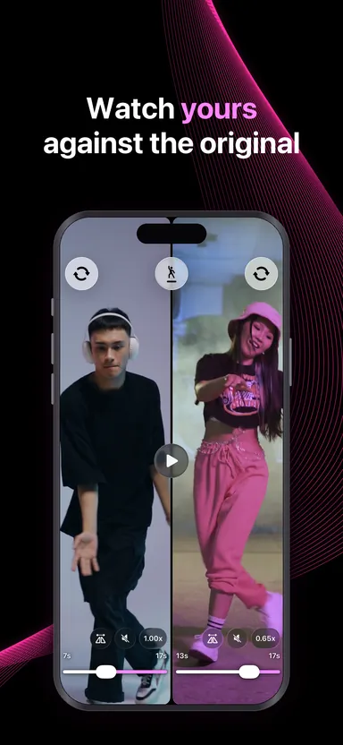 Two dance videos playing side by side in MoveLens, each at its own speed
