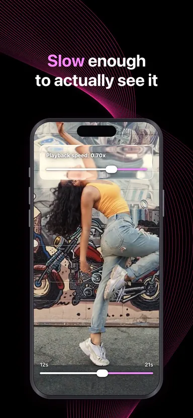 MoveLens playing a dance video at 0.70× speed, with the speed slider open