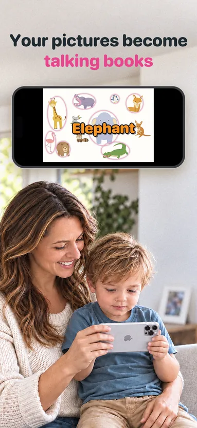 A parent and child with a Picture Talk book on an iPhone, the word Elephant popping up