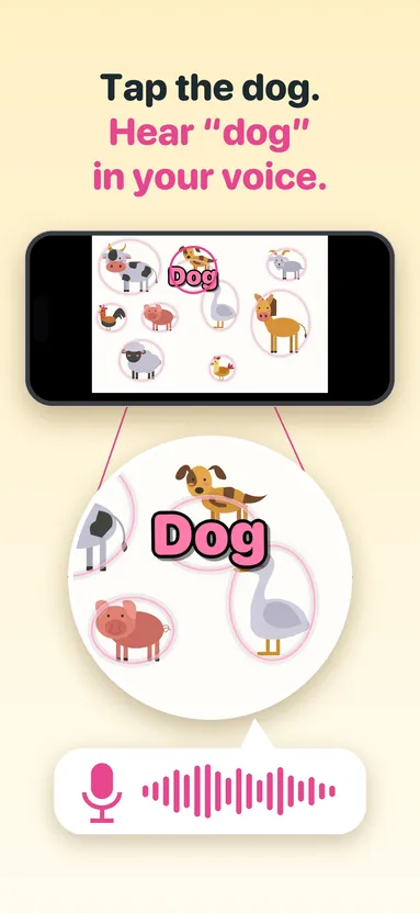 Tapping the dog in a Picture Talk book shows the word Dog and plays a recording